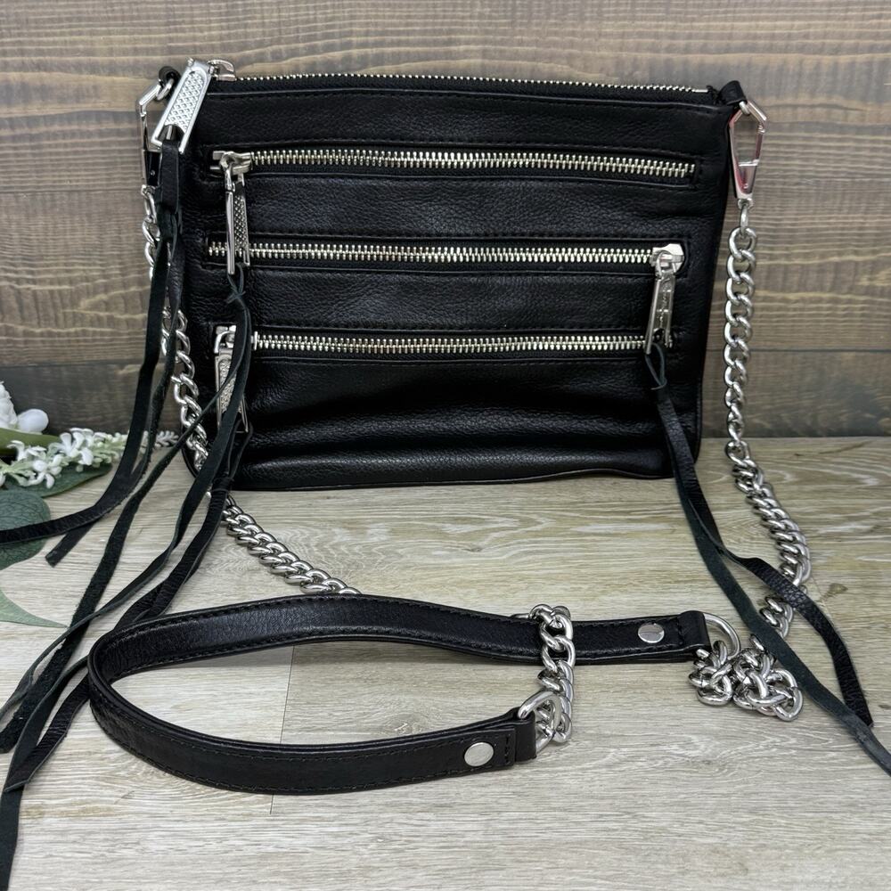 Rebecca Minkoff Black Leather Tassel Multi Zip Crossbody Bag Chain Strap Purse